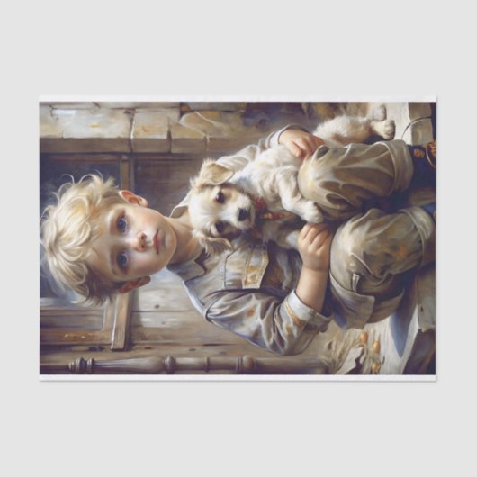 Jongen met puppy decoupage tissuepapier (Voorkant)