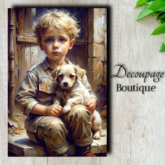 Jongen met puppy decoupage tissuepapier