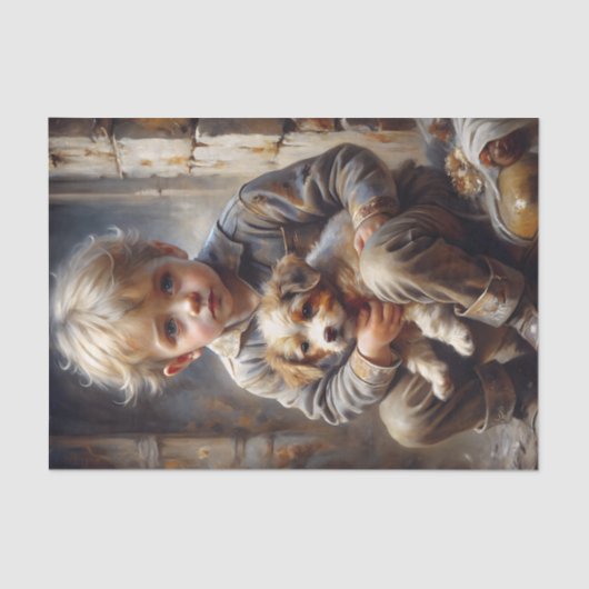 Jongen met Puppy Rustiek  Decoupage Tissuepapier (Voorkant)