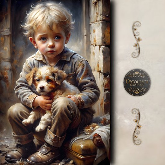 Jongen met Puppy Rustieke Vintage Decoupage Tissuepapier