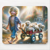 Jongen met rode wagen en golden retriever Puppies Muismat (Voorkant)