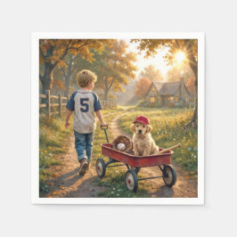 Jongen met rode wagen en gouden retriever pup servet