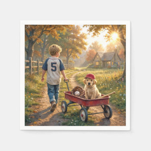 Jongen met rode wagen en gouden retriever pup servet