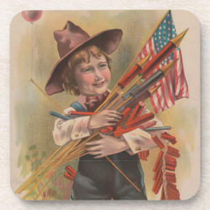 Jongen met Vuurwerk, Amerikaanse Vlag, Patriottisc Bier Onderzetter