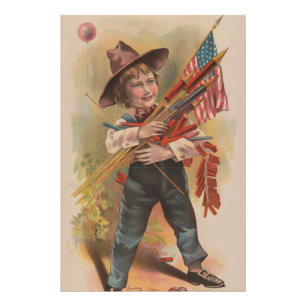 Jongen met Vuurwerk, Amerikaanse Vlag, Patriottisc Foto Afdruk