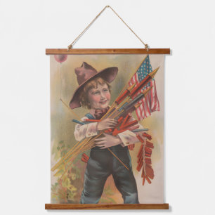 Jongen met Vuurwerk, Amerikaanse Vlag, Patriottisc Hangend Wandkleed