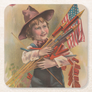 Jongen met Vuurwerk, Amerikaanse Vlag, Patriottisc Kartonnen Onderzetters