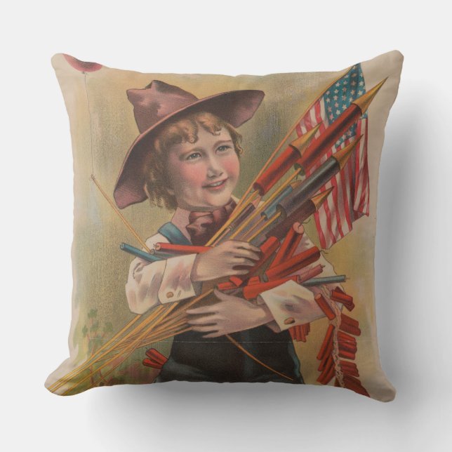 Jongen met Vuurwerk, Amerikaanse Vlag, Patriottisc Kussen (Voorkant)