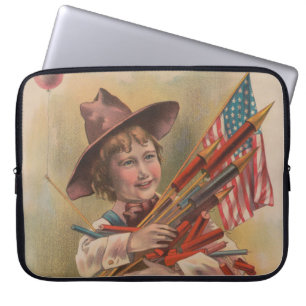 Jongen met Vuurwerk, Amerikaanse Vlag, Patriottisc Laptop Sleeve