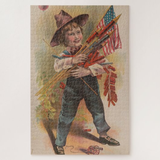 Jongen met Vuurwerk, Amerikaanse Vlag, Patriottisc Legpuzzel (Verticaal)