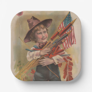Jongen met Vuurwerk, Amerikaanse Vlag, Patriottisc Papieren Bordje