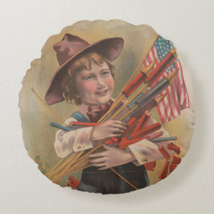 Jongen met Vuurwerk, Amerikaanse Vlag, Patriottisc Rond Kussen