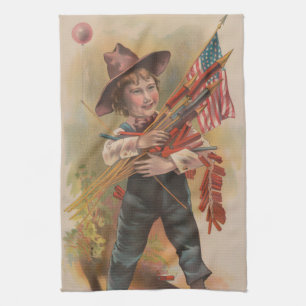 Jongen met Vuurwerk, Amerikaanse Vlag, Patriottisc Theedoek