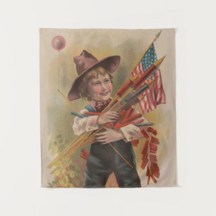 Jongen met Vuurwerk, Amerikaanse Vlag, Patriottisc Wandkleed