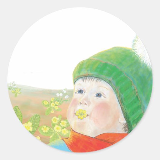 Jongen met wilde primroses ronde sticker (Voorkant)