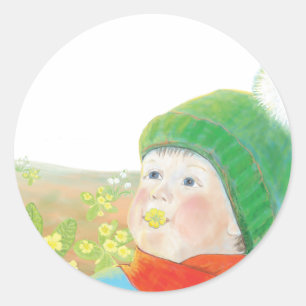 Jongen met wilde primroses ronde sticker