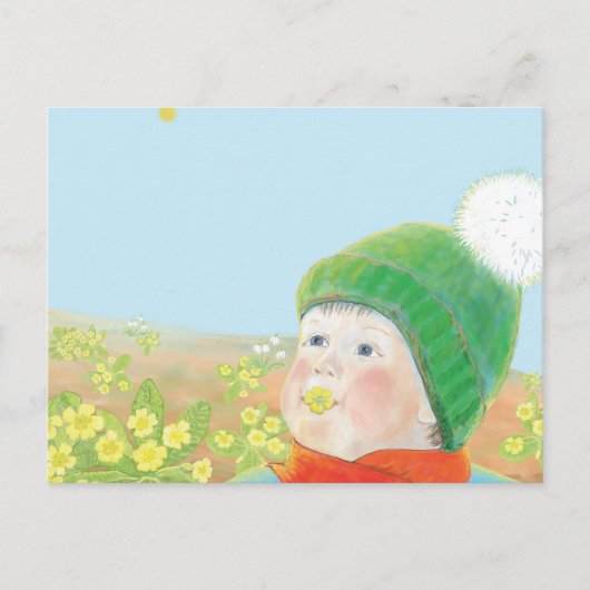 Jongen met wilde sleutelbloemen feestdagenkaart (Voorkant)
