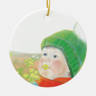Jongen met wilde sleutelbloemen keramisch ornament