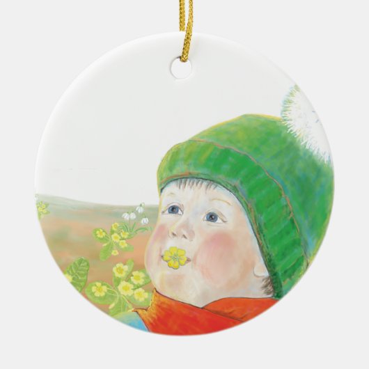 Jongen met wilde sleutelbloemen keramisch ornament (Voorkant)