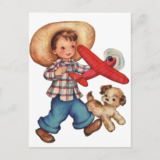 Jongen Model Plane en Puppy Briefkaart (Voorkant)