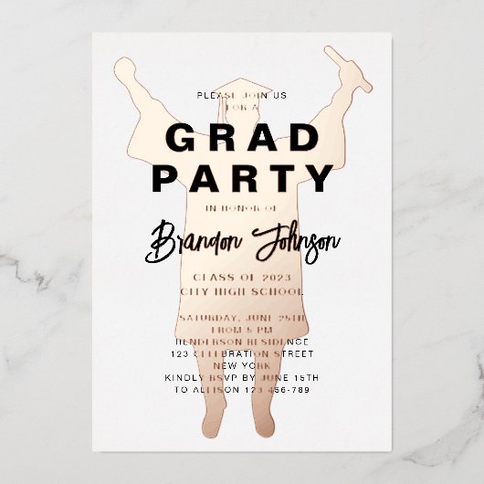 Jongen Modern Black Roos Gold Graduparty Folie Uitnodiging (Voorkant)