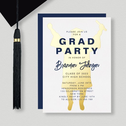 Jongen Modern Navy Blue Gold Graduation Party Folie Uitnodiging