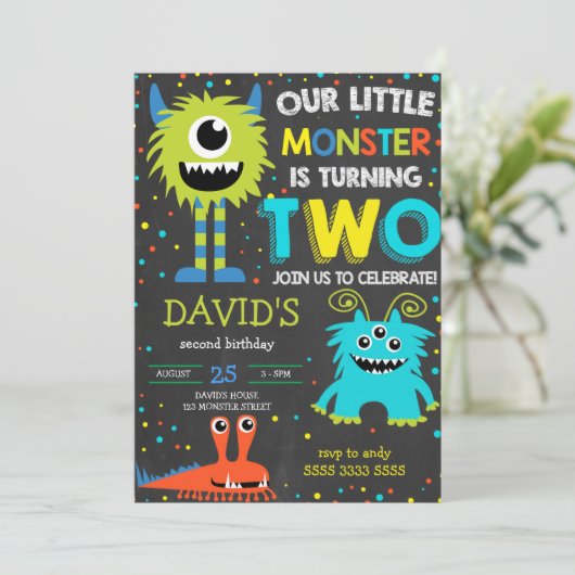 Jongen Monster 2e Verjaardag Little Monster Chalk Kaart (Staand voorkant)