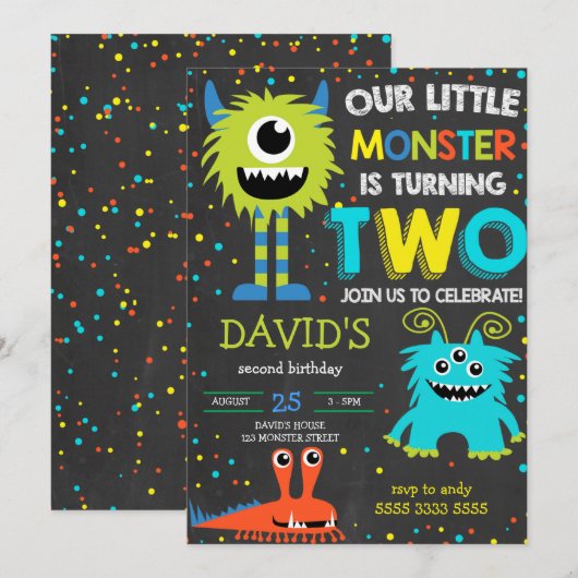 Jongen Monster 2e Verjaardag Little Monster Chalk Kaart (Voorkant / Achterkant)