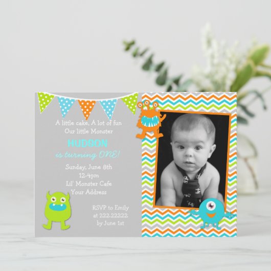 Jongen Monster Birthday-uitnodigingen Kaart (Staand voorkant)