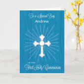 Jongen  Naam Eerste Communie Kruis Kaart (Gele Bloem)