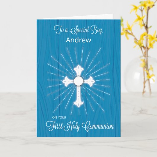 Jongen  Naam Eerste Communie Kruis Kaart (Gele Bloem)