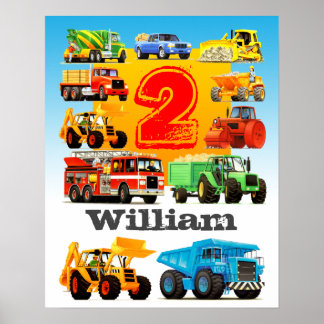 Jongen naam en 2e jaardag bouwvrachtwagen poster