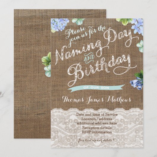 Jongen Naming Day en Birthday Celebration nodigt u Kaart (Voorkant / Achterkant)