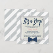 Jongen Navy Blue Bow Stropdas Grey Stripes Baby sh Kaart (Voorkant / Achterkant)