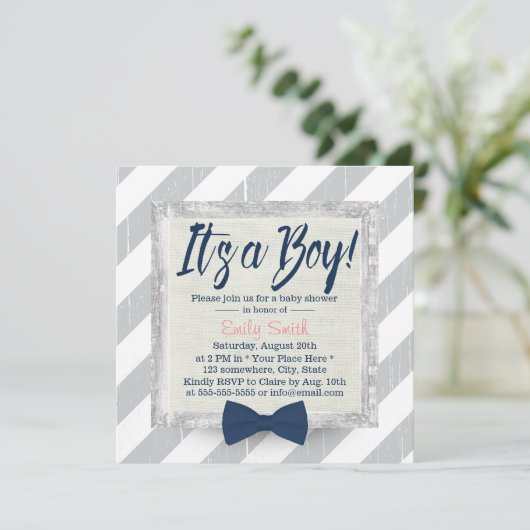 Jongen Navy Blue Bow Stropdas Grey Stripes Baby sh Kaart (Staand voorkant)