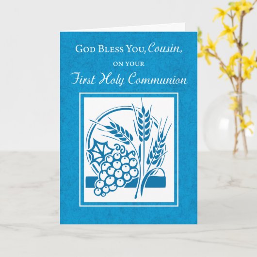 Jongen neef eerste communie, tarwe, druiven blauw kaart (Gele Bloem)