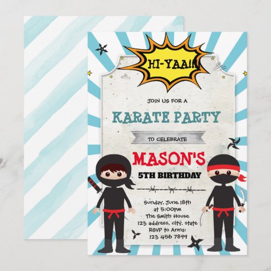 Jongen ninja karate verjaardagsfeestje uitnodiging (Voorkant / Achterkant)