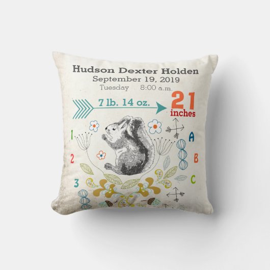Jongen Nursery Baby Birth Stat Squirrel Arrow Patr Kussen (Voorkant)