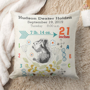 Jongen Nursery Baby Birth Stat Squirrel Arrow Patr Kussen