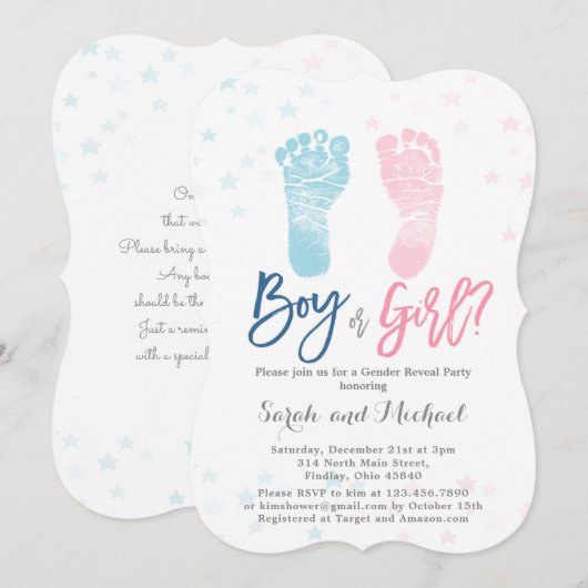 Jongen of Meisje Baby voeten Geslacht onthullen Kaart (Voorkant / Achterkant)