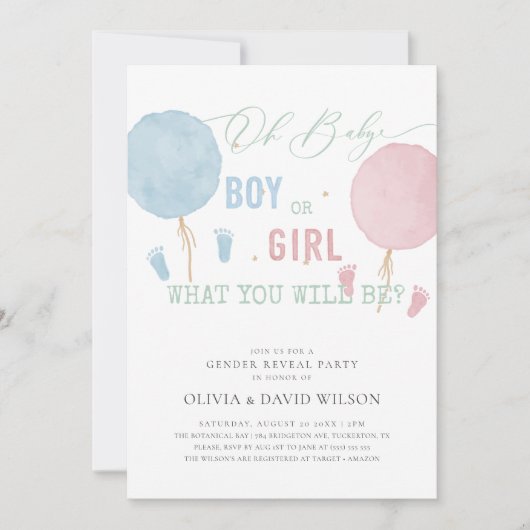 Jongen of Meisje Ballonnen Gender Reveal Party Kaart (Voorkant)