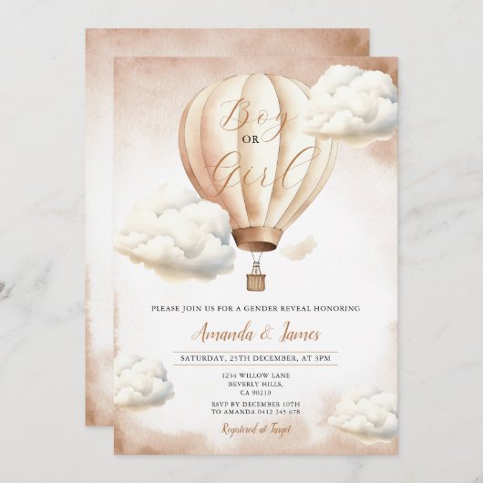 Jongen of Meisje Beige Hete Luchtballon Geslacht O Kaart (Voorkant / Achterkant)