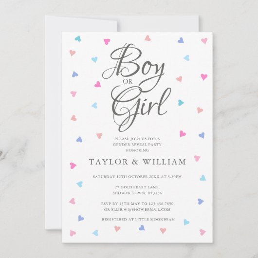 Jongen of Meisje Blauw Roze Harten Gender Reveal P Kaart (Voorkant)