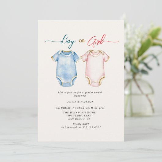Jongen of Meisje bodysuits Gender Reveal Party Kaart (Staand voorkant)