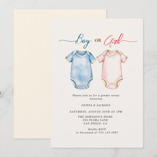 Jongen of Meisje bodysuits Gender Reveal Party Kaart (Voorkant / Achterkant)
