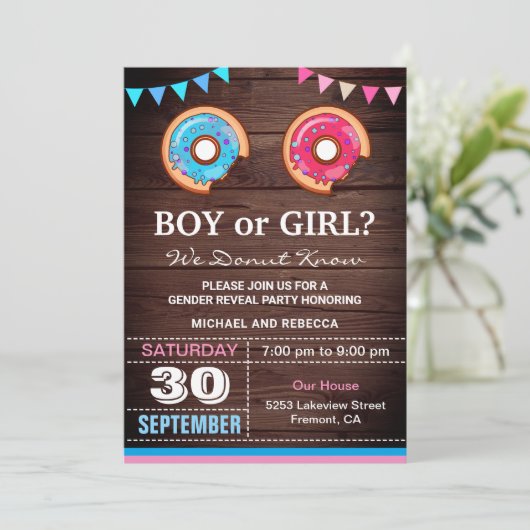 Jongen of meisje Donut Gender Reopenbaart feest Kaart (Staand voorkant)