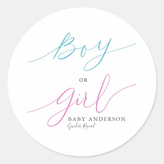 Jongen of Meisje Elegant Script Geslacht Onthullen Ronde Sticker (Voorkant)