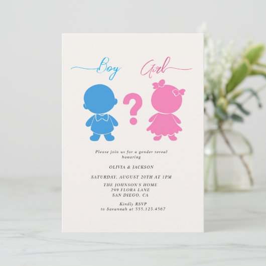 Jongen of meisje figuren Gender Reveal Party Kaart (Staand voorkant)