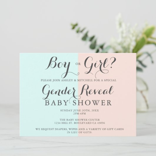 Jongen of meisje roze blauw baby shower geslachtso kaart (Staand voorkant)