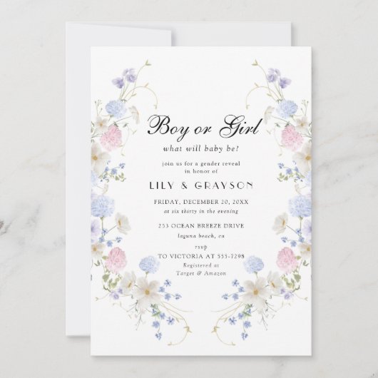 Jongen of Meisje Roze & Blauw Wildflower Geslacht  Kaart (Voorkant)